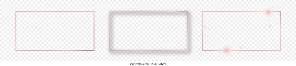 Set of three rose gold glowing rectangular shape frames isolated on transparent background. Shiny frame with glowing effects. Vector illustration