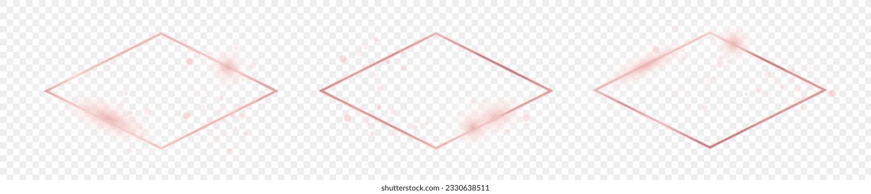 Set of three rose gold glowing rhombus  shape frames isolated on transparent background. Shiny frame with glowing effects. Vector illustration