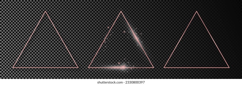 Set of three rose gold glowing triangle frames isolated on dark transparent background. Shiny frame with glowing effects. Vector illustration