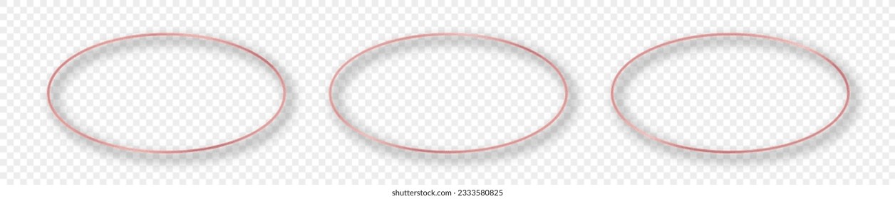Conjunto de tres marcos de forma ovalados de color rosa dorado que se desprenden de un fondo transparente. Marco brillante con efectos brillantes. Ilustración del vector