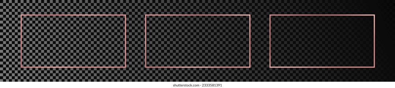 Satz von drei rosaroten goldenen, leuchtenden rechteckigen Rahmen einzeln auf dunkeltransparentem Hintergrund. Leuchtender Rahmen mit leuchtenden Effekten. Vektorgrafik