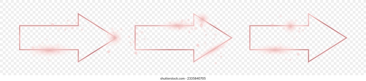 Conjunto de tres marcos de flecha dorados rosados con forma de flecha aislados en fondo transparente. Marco brillante con efectos brillantes. Ilustración del vector