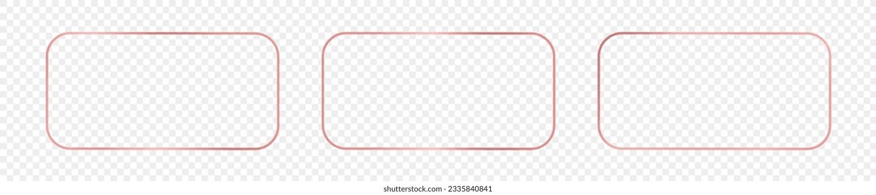 Conjunto de tres cuadros rectangulares redondeados de color rosa dorados aislados sobre fondo transparente. Marco brillante con efectos brillantes. Ilustración del vector