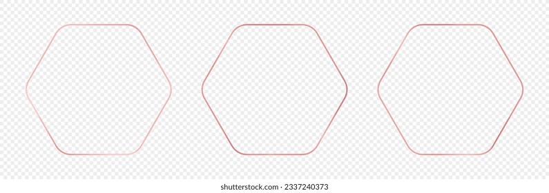 Conjunto de tres marcos hexagonales redondeados de oro rosa aislados sobre fondo transparente. Marco brillante con efectos brillantes. Ilustración del vector