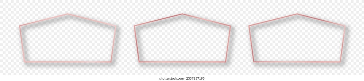 Conjunto de tres marcos de forma tetragón de oro rosado aislados sobre fondo transparente. Marco brillante con efectos brillantes. Ilustración del vector