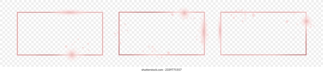 Conjunto de tres cuadros rectangulares de forma dorados rosados que brillan sobre fondo transparente. Marco brillante con efectos brillantes. Ilustración del vector