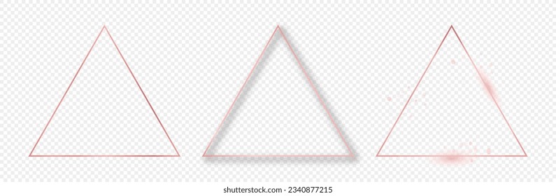 Conjunto de tres marcos triangulares rosados dorados aislados en fondo transparente. Marco brillante con efectos brillantes. Ilustración del vector