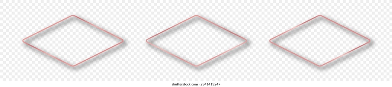 Set of three rose gold glowing rounded rhombus shape frames isolated on transparent background. Shiny frame with glowing effects. Vector illustration