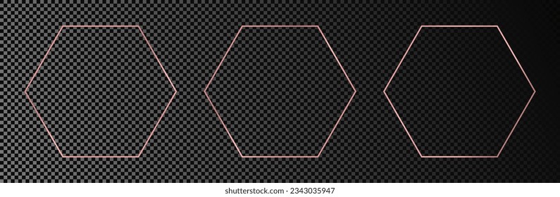 Set of three rose gold glowing hexagon frames isolated on dark transparent background. Shiny frame with glowing effects. Vector illustration