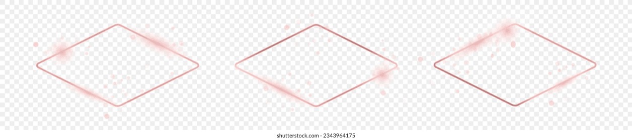 Set of three rose gold glowing rounded rhombus shape frames isolated on transparent background. Shiny frame with glowing effects. Vector illustration