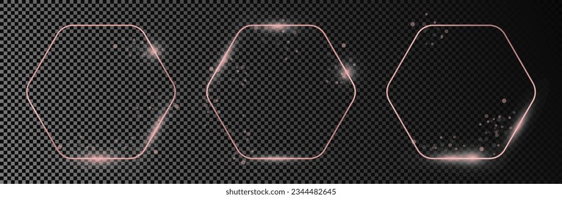 Conjunto de tres marcos hexagonales redondeados de oro rosa aislados sobre fondo transparente oscuro. Marco brillante con efectos brillantes. Ilustración del vector
