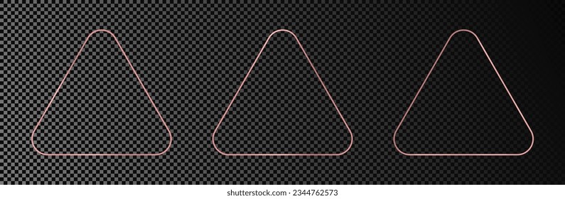 Set of three rose gold glowing rounded triangle frames isolated on dark transparent background. Shiny frame with glowing effects. Vector illustration