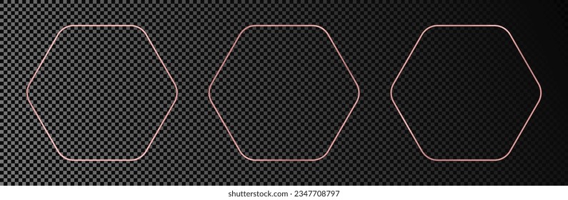 Set of three rose gold glowing rounded hexagon frames isolated on dark transparent background. Shiny frame with glowing effects. Vector illustration