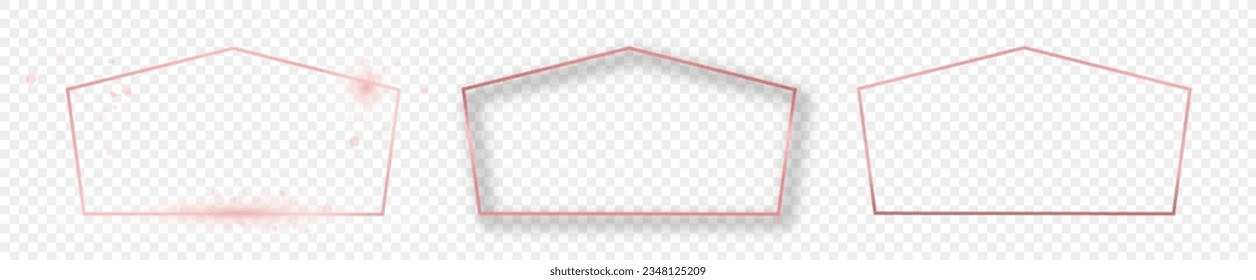 Set of three rose gold glowing tetragon shape frames isolated on transparent background. Shiny frame with glowing effects. Vector illustration