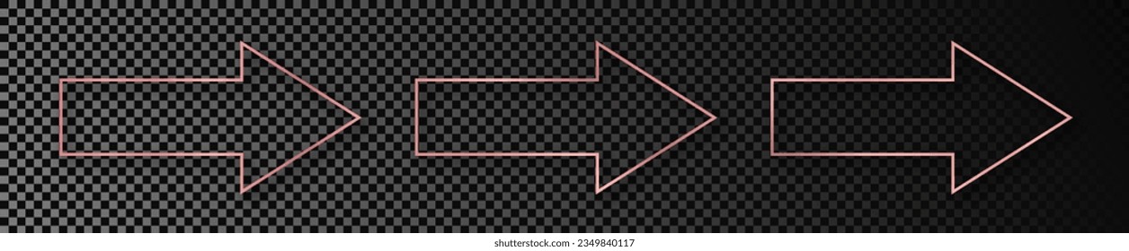 Set of three rose gold glowing arrow shape frames isolated on dark transparent background. Shiny frame with glowing effects. Vector illustration
