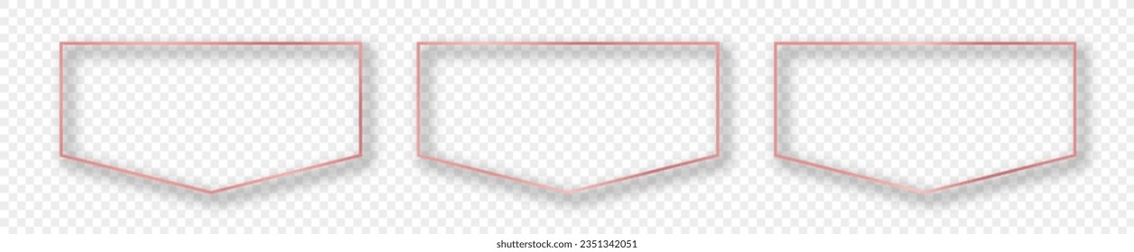 Set of three rose gold glowing frames isolated on transparent background. Shiny frame with glowing effects. Vector illustration