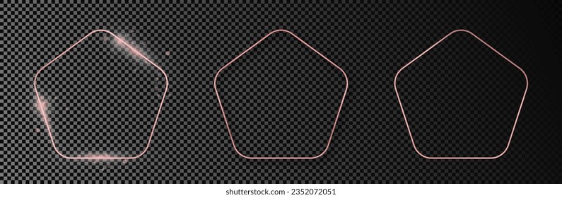 Set of three rose gold glowing rounded pentagon shape frames isolated on dark transparent background. Shiny frame with glowing effects. Vector illustration