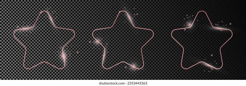 Satz von drei rosaroten, leuchtenden, abgerundeten Sternbildern einzeln auf dunkeltransparentem Hintergrund. Leuchtender Rahmen mit leuchtenden Effekten. Vektorgrafik