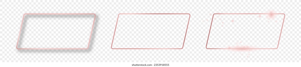 Set of three rose gold glowing rounded rectangular shape frames isolated on transparent background. Shiny frame with glowing effects. Vector illustration
