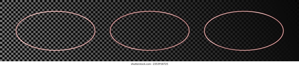 Set of three rose gold glowing oval shape frames isolated on dark transparent background. Shiny frame with glowing effects. Vector illustration