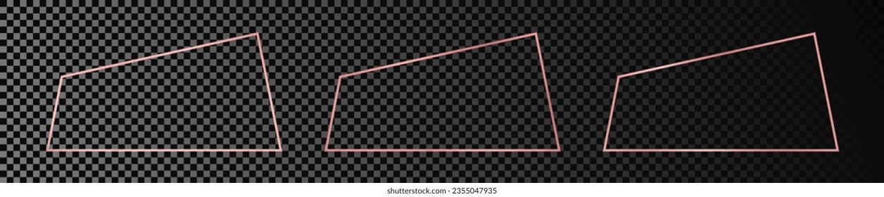 Set of three rose gold glowing trapezoid shape frames isolated on dark transparent background. Shiny frame with glowing effects. Vector illustration