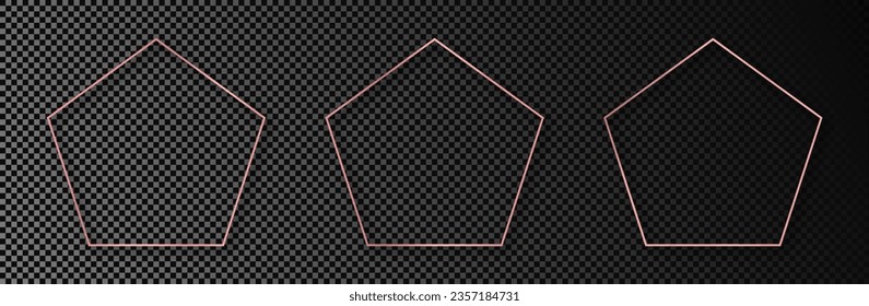 Set of three rose gold glowing pentagon shape frames isolated on transparent background. Shiny frame with glowing effects. Vector illustration