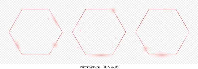 Set aus drei rosaroten, leuchtenden Hexagonrahmen einzeln auf transparentem Hintergrund. Leuchtender Rahmen mit leuchtenden Effekten. Vektorgrafik