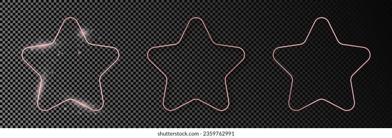 Set of three rose gold glowing rounded star shape frames isolated on dark transparent background. Shiny frame with glowing effects. Vector illustration