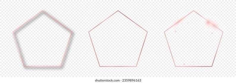 Set of three rose gold glowing pentagon shape frames isolated on transparent background. Shiny frame with glowing effects. Vector illustration