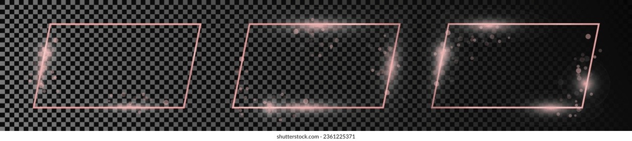 Set of three rose gold glowing rectangular shape frames isolated on dark transparent background. Shiny frame with glowing effects. Vector illustration