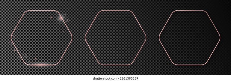 Conjunto de tres marcos hexagonales redondeados de oro rosa aislados sobre fondo transparente oscuro. Marco brillante con efectos brillantes. Ilustración del vector