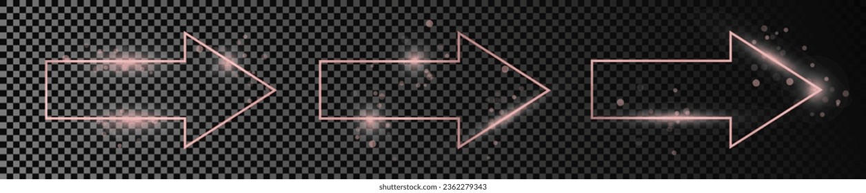 Set of three rose gold glowing arrow shape frames isolated on dark transparent background. Shiny frame with glowing effects. Vector illustration