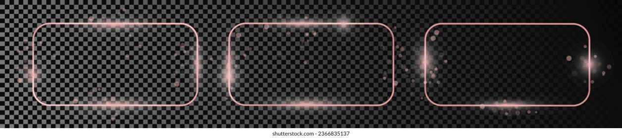 Satz von drei rosaroten, leuchtenden, abgerundeten, rechteckigen Rahmen einzeln auf dunkeltransparentem Hintergrund. Leuchtender Rahmen mit leuchtenden Effekten. Vektorgrafik