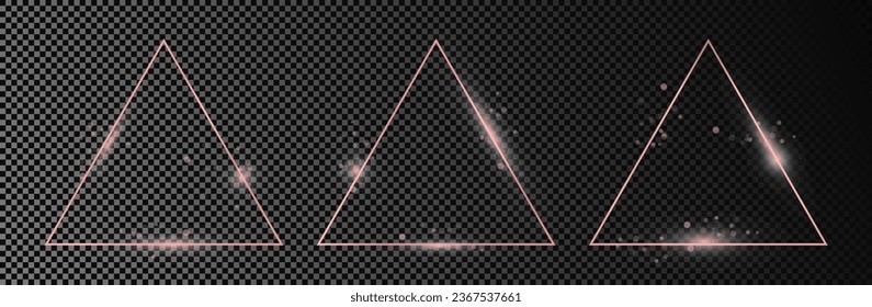 Set of three rose gold glowing triangle frames isolated on dark transparent background. Shiny frame with glowing effects. Vector illustration