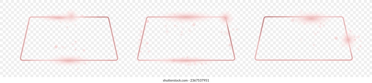 Set of three rose gold glowing trapezoid shape frames isolated on transparent background. Shiny frame with glowing effects. Vector illustration