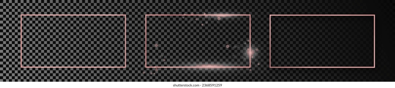 Set of three rose gold glowing rectangular shape frames isolated on dark transparent background. Shiny frame with glowing effects. Vector illustration