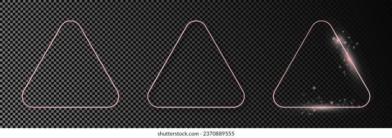 Set of three rose gold glowing rounded triangle frames isolated on dark transparent background. Shiny frame with glowing effects. Vector illustration