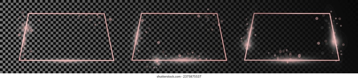 Set of three rose gold glowing trapezoid shape frames isolated on dark transparent background. Shiny frame with glowing effects. Vector illustration