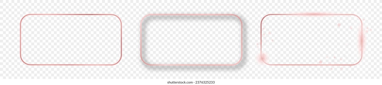 Set of three rose gold glowing rounded rectangular frames isolated on transparent background. Shiny frame with glowing effects. Vector illustration