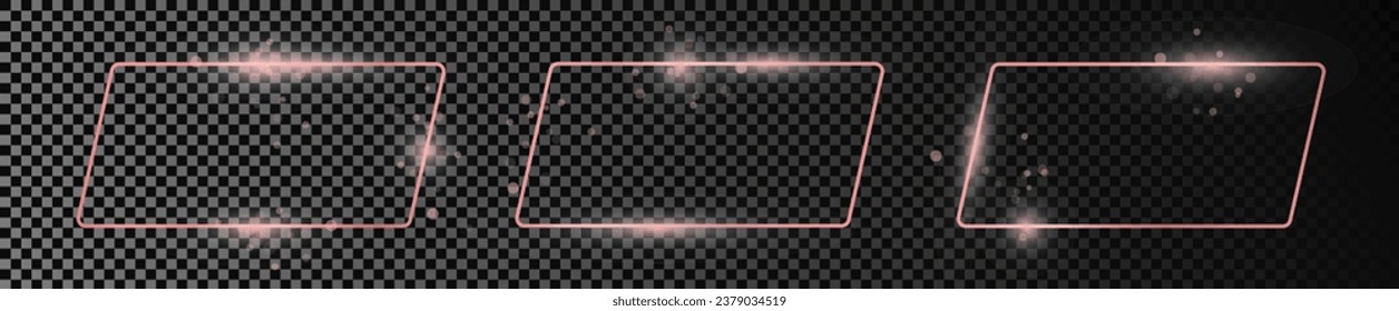 Set of three rose gold glowing rounded rectangular shape frames isolated on dark transparent background. Shiny frame with glowing effects. Vector illustration