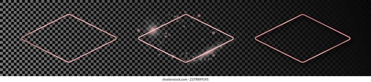Set of three rose gold glowing rounded rhombus shape frames isolated on dark transparent background. Shiny frame with glowing effects. Vector illustration
