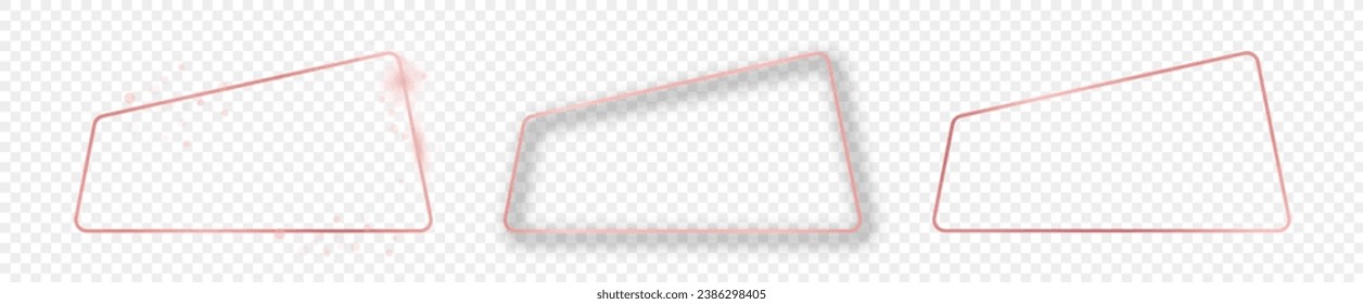 Conjunto de tres cuadros rectangulares redondeados de color rosa dorados aislados sobre fondo transparente. Marco brillante con efectos brillantes. Ilustración del vector