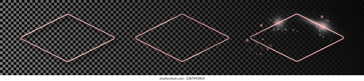 Set of three rose gold glowing rounded rhombus shape frames isolated on dark transparent background. Shiny frame with glowing effects. Vector illustration