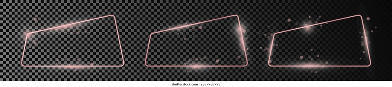 Set of three rose gold glowing rounded rectangular frames isolated on dark transparent background. Shiny frame with glowing effects. Vector illustration