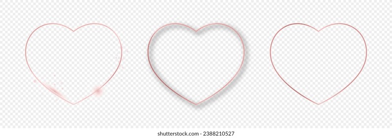 Set of three rose gold glowing heart shapes isolated on transparent background. Shiny frame with glowing effects. Vector illustration