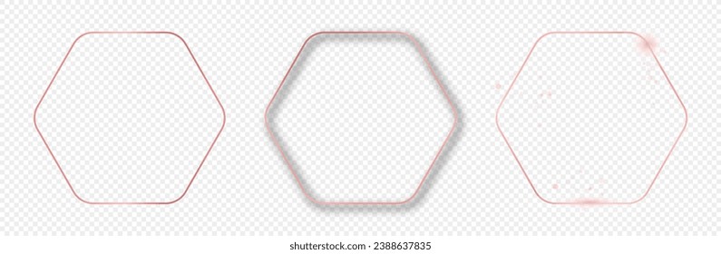 Conjunto de tres marcos hexagonales redondeados de oro rosa aislados sobre fondo transparente. Marco brillante con efectos brillantes. Ilustración del vector
