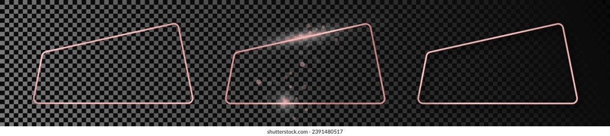 Set of three rose gold glowing rounded rectangular frames isolated on dark transparent background. Shiny frame with glowing effects. Vector illustration