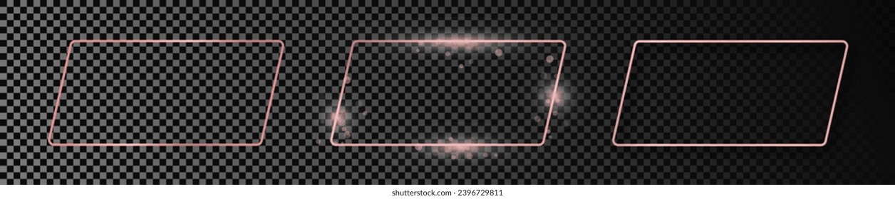 Set of three rose gold glowing rounded rectangular shape frames isolated on dark transparent background. Shiny frame with glowing effects. Vector illustration