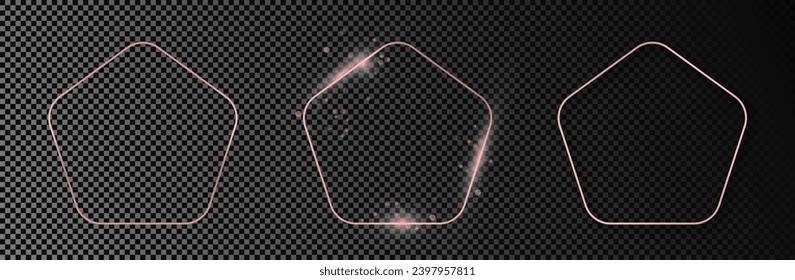 Set of three rose gold glowing rounded pentagon shape frames isolated on dark transparent background. Shiny frame with glowing effects. Vector illustration