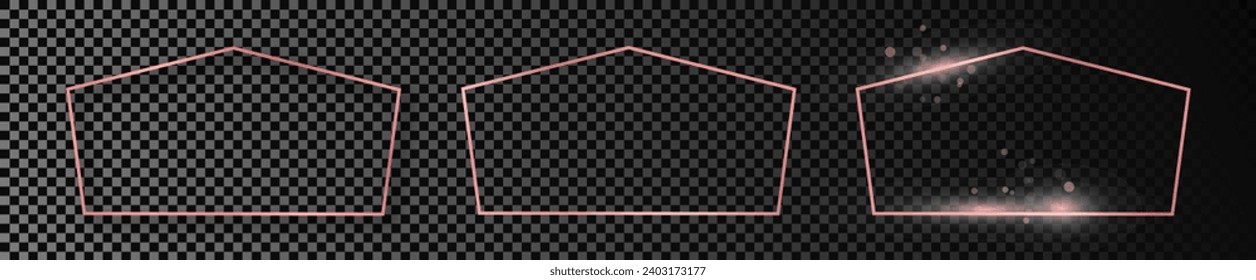 Set of three rose gold glowing tetragon shape frames isolated on dark transparent background. Shiny frame with glowing effects. Vector illustration